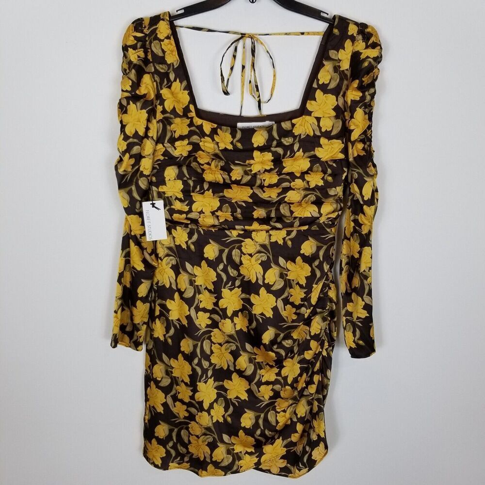 Floret Studios Floral Shirred Long Sleeve Mini Dress Size L Yellow Long Sleeve